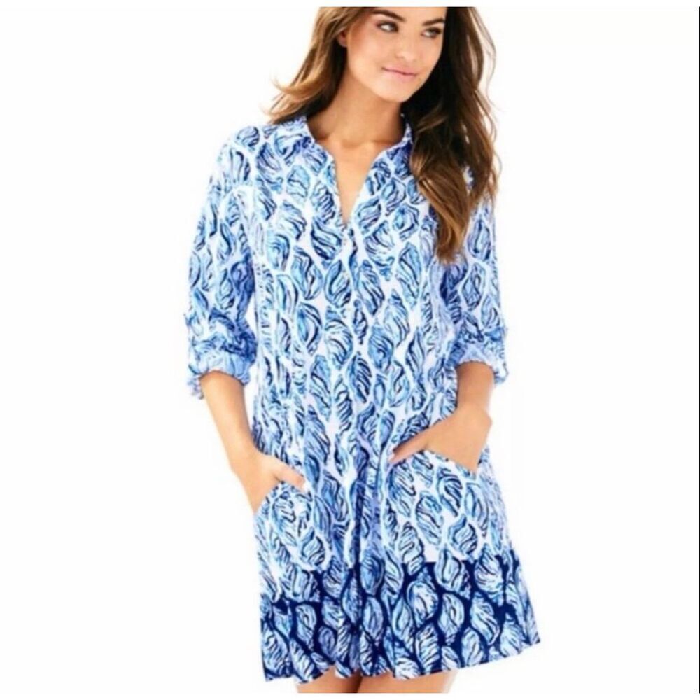 Lilly Pulitzer Lilith Long Sleeve Tunic Shift Dress in Blue Seashell Size XS